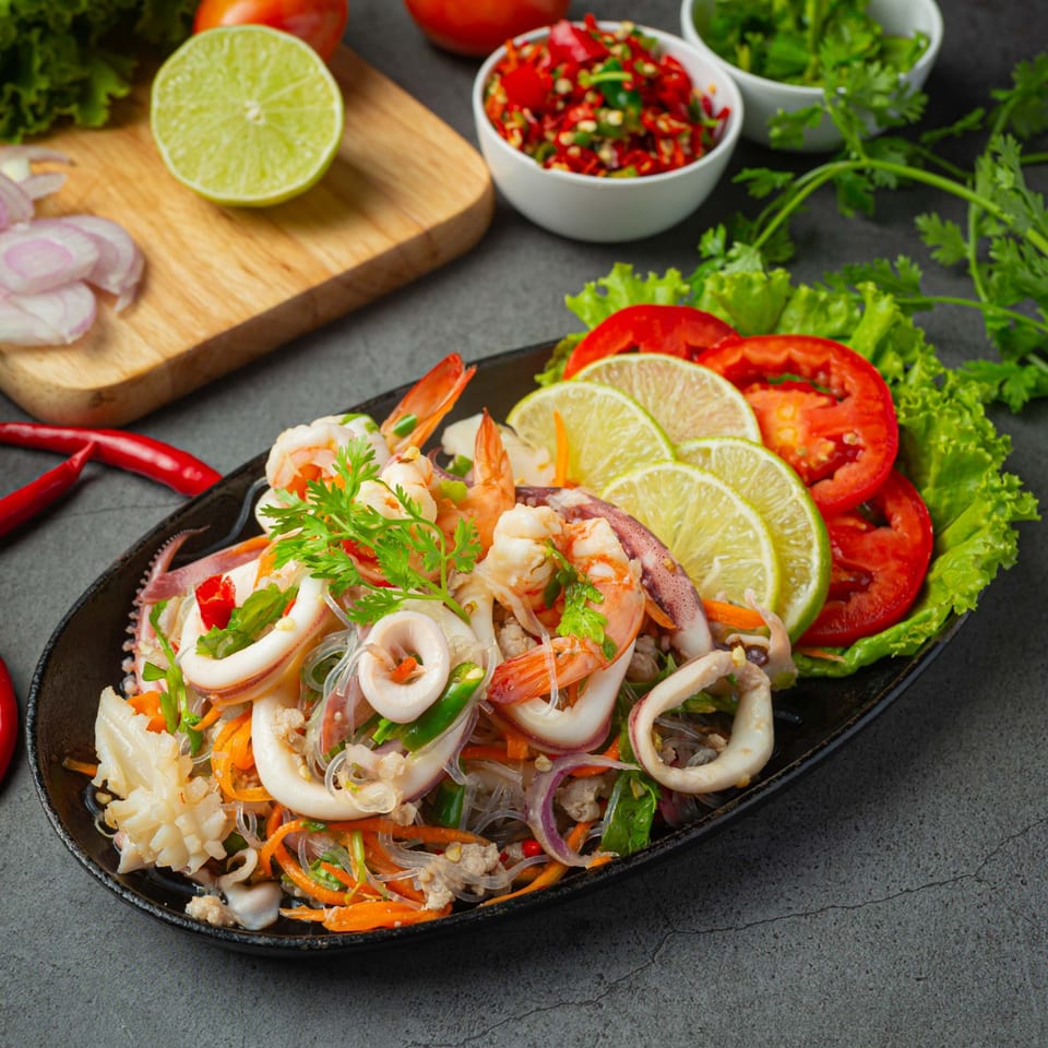 Spice Thai Kitchen's glass noodle salad with shrimp, squid, and fresh vegetables.