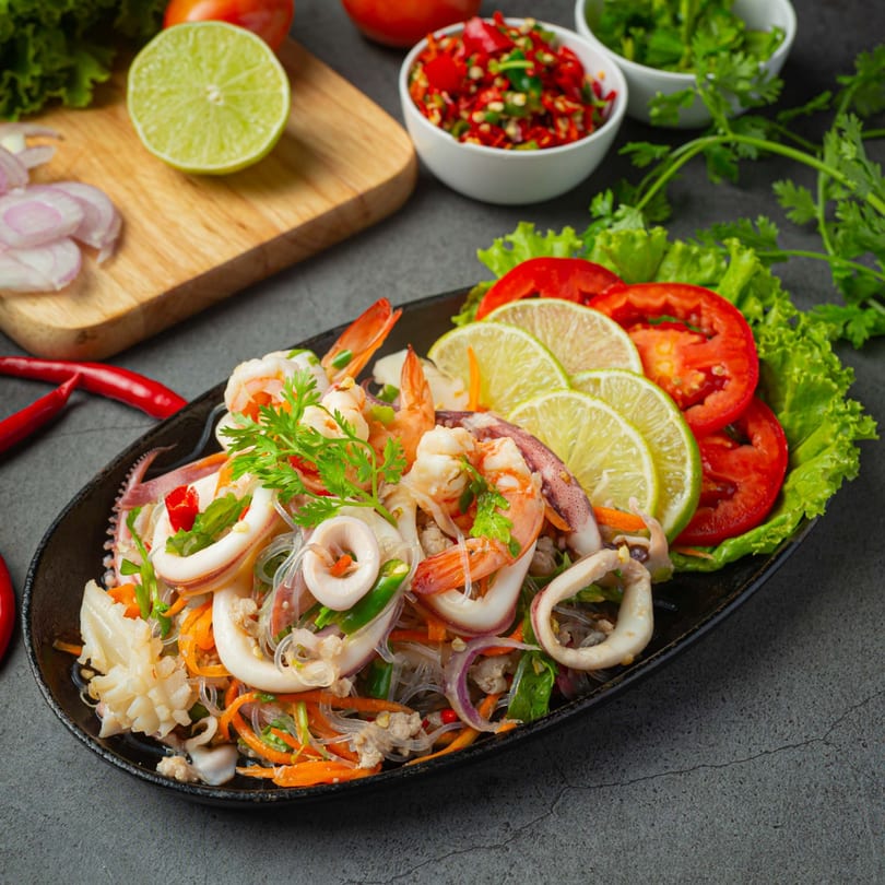 Spice Thai Kitchen's glass noodle salad with shrimp, squid, and fresh vegetables.