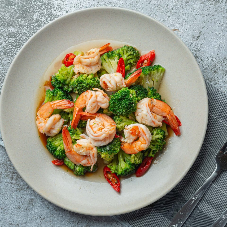 Spice Thai Kitchen's shrimp and broccoli stir-fry with red chili on a light plate.